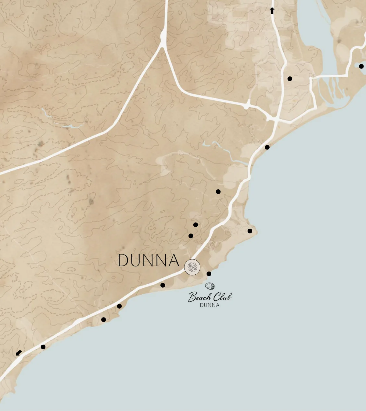 Mapa del Corredor Tur&iacute;stico de Los Cabos: DUNNA est&aacute; entre El Dorado y One & Only Palmilla, cerca de San Jos&eacute; del Cabo y del aeropuerto